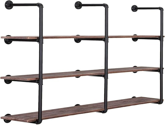 Pynsseu Industrial Iron Pipe Shelving Brackets Unit, Farmhouse Wall Mounted Pipe Shelves for Kitchen Bathroom, DIY Bookshelf Living Room Storage, 3Pack of 4 Tier