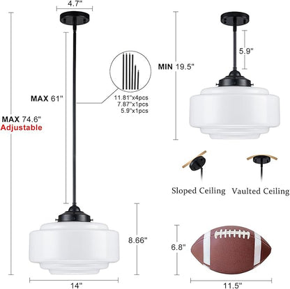 Schoolhouse Pendant Light, 14" Mid Century Pendant Lighting Fixture Vintage Milk Glass Chandelier with Black Metal for Dining Room Kitchen Island Bedroom Hallway, Adjustable Height (E26)