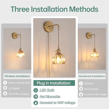 Shenmoyl Vintage Wall Sconce Wall Lamp with Amber Tulip Glass Shade Hanging Wall Sconce with 4.9FT Plug in Cord, Modern Wall Lamp Fixtures Decor for Bedside Bedroom Indoor Doorway