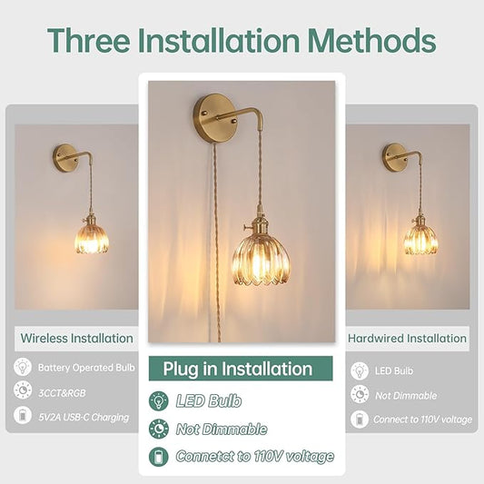 Shenmoyl Vintage Wall Sconce Wall Lamp with Amber Tulip Glass Shade Hanging Wall Sconce with 4.9FT Plug in Cord, Modern Wall Lamp Fixtures Decor for Bedside Bedroom Indoor Doorway
