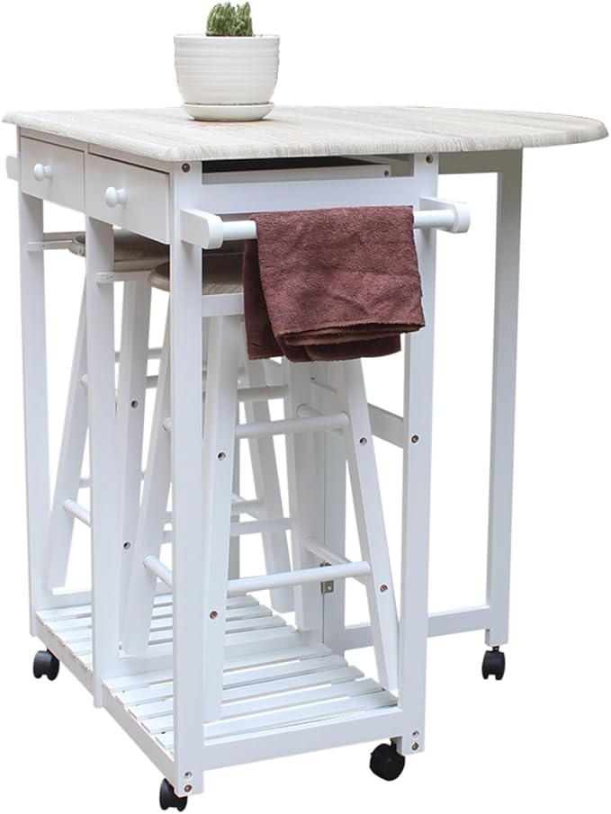 JINS&VICO Folding Dining Cart with 2 Round Stools, Kitchen Islands Carts with Semicircle Desktop and Wheels, Square Solid Wood Leaf Dining Table with 2 Drawers and Towel Rack