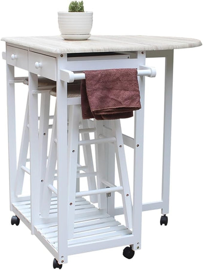JINS&VICO Folding Dining Cart with 2 Round Stools, Kitchen Islands Carts with Semicircle Desktop and Wheels, Square Solid Wood Leaf Dining Table with 2 Drawers and Towel Rack