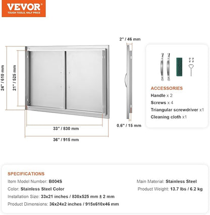 VEVOR BBQ Access Door, 36W x 24H Inch Double Outdoor Kitchen Door, Stainless Steel Flush Mount Door, Wall Vertical Door with Handles, for BBQ Island, Grilling Station, Outside Cabinet, sliver