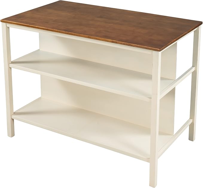 Solid Wood Rustic 45" Stationary Kitchen Island, Rubber Wood Butcher Block Dining Table Prep Table with 2 Open Shelves for Small Places,Walnut+Cream White