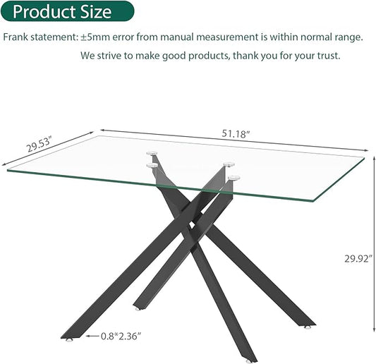 51.18" Rectangular Glass Dining Table, Tempered Glass Small Kitchen Table with Metal Tubular Legs, Stylish and Sturdy Clear Dinner Table for Home and Outdoor