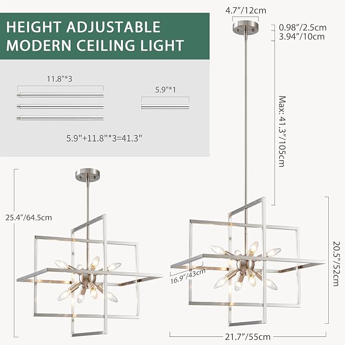 Modern Chandelier, 8-Light Geometric Ceiling Light Fixture, 22" Height Adjustable Brushed Nickel Lamp for Foyer, Stairway, Living Room