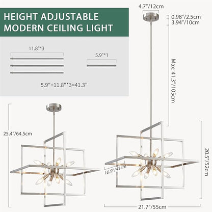 Modern Chandelier, 8-Light Geometric Ceiling Light Fixture, 22" Height Adjustable Brushed Nickel Lamp for Foyer, Stairway, Living Room