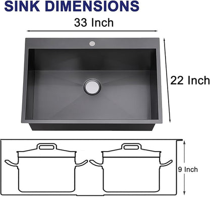 VAPSINT 33x22 Black Drop in Kitchen Sink, 33 Inch Gunmetal Black Stainless Steel Top Mount Kitchen Sink, Single Bowl Laundry Sink with Strainer