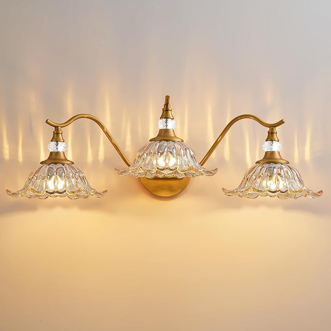 Vintage Bathroom Vanity Light Fixtures - 3 Light Antique Brass Bathroom Lights Fixture Over Mirror with Amber Flower Glass,Retro Brushed Gold Bronze Wall-Mounted Vanity Lighting for Powder Room