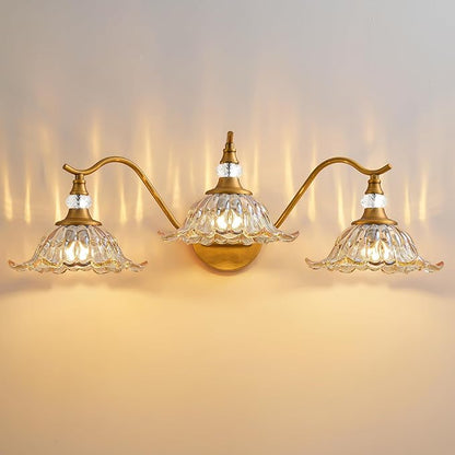 Vintage Bathroom Vanity Light Fixtures - 3 Light Antique Brass Bathroom Lights Fixture Over Mirror with Amber Flower Glass,Retro Brushed Gold Bronze Wall-Mounted Vanity Lighting for Powder Room