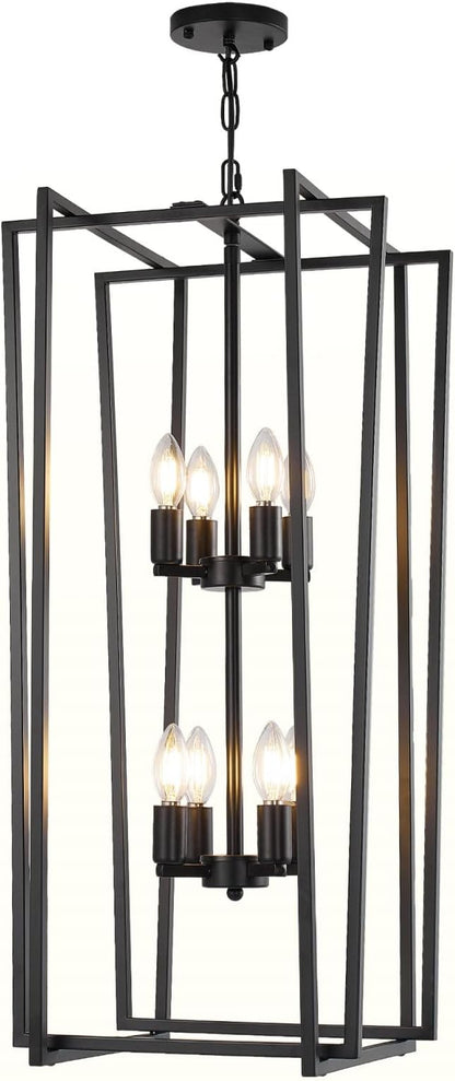 8-Light Tiered Lantern Pendant Light Fixtures,Large Foyer Chandeliers for High Ceilings,Industrial Foyer Lighting Fixtures,Long Chandeliers for High Ceilings,Farmhouse Chandelier for Entryway, Black