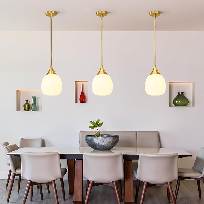 Kitchen Island Pendant Light: Mid Century Brushed Gold Hanging Light Fixtures with Milky Glass Globe - 10 Inch Farmhouse Chandeliers Ceiling Lighting for Dining Room