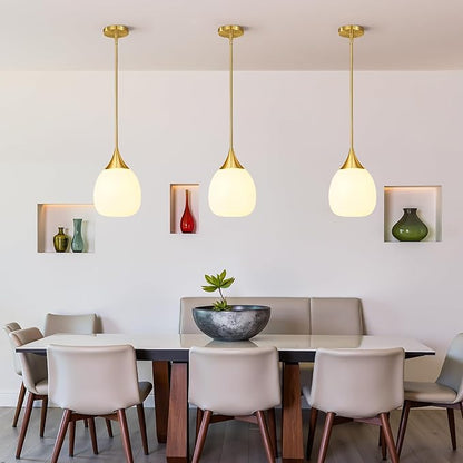 Kitchen Island Pendant Light: Mid Century Brushed Gold Hanging Light Fixtures with Milky Glass Globe - 10 Inch Farmhouse Chandeliers Ceiling Lighting for Dining Room
