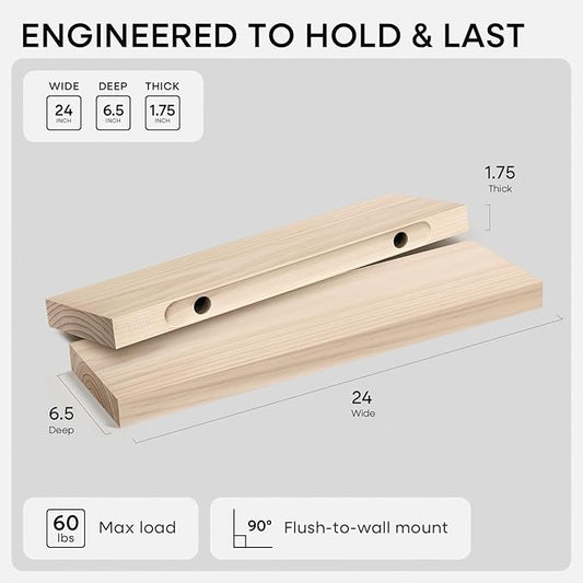 Homeforia 24 inch Wood Floating Shelves, High End Solid Natural Wood 24inch Floating Shelf for Wall, Unfinished Wooden 24 inches Floating Shelves, Heavy Duty Bracket, 24 X 6.5 X 1.75 in, Set of 2