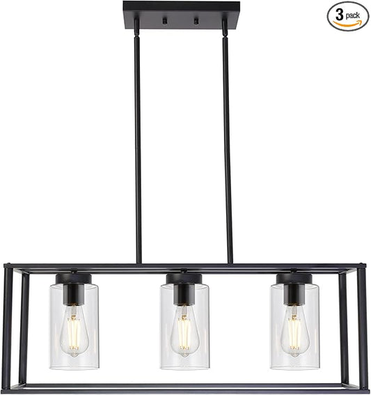 VINLUZ Contemporary Chandeliers Black 3 Light Modern Dining Room Lighting Fixtures Hanging, Kitchen Island Cage Linear Pendant Lights Farmhouse Flush Mount Ceiling Light with Glass Shade