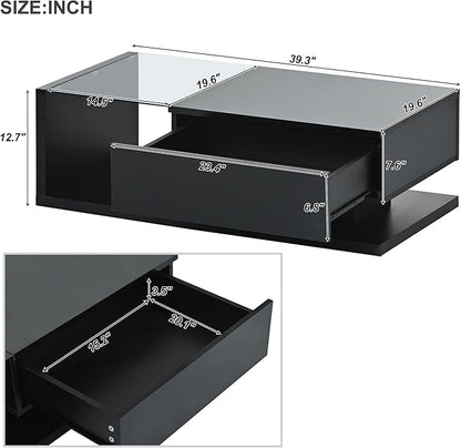 Modern Coffee Table with Tempered Glass, Wooden Cocktail Table with High-Gloss UV Surface, Modernist 2-Tier Rectangle Center Table for Living Room, Black