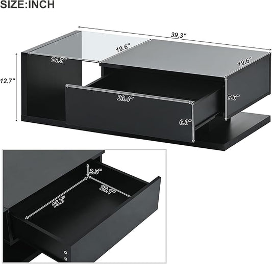 Modern Coffee Table with Tempered Glass, Wooden Cocktail Table with High-Gloss UV Surface, Modernist 2-Tier Rectangle Center Table for Living Room, Black