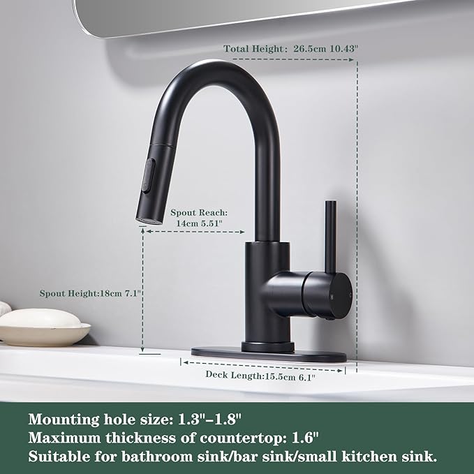 Matte Black Bathroom Faucets for 1 or 3 Hole, Single Handle Bathroom Sink Faucet with Pull Down Sprayer, Vanity Faucet with Pop-Up Drain and Deck Plate for Bar Laundry Basin