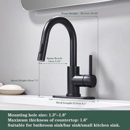 Matte Black Bathroom Faucets for 1 or 3 Hole, Single Handle Bathroom Sink Faucet with Pull Down Sprayer, Vanity Faucet with Pop-Up Drain and Deck Plate for Bar Laundry Basin