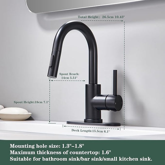 Matte Black Bathroom Faucets for 1 or 3 Hole, Single Handle Bathroom Sink Faucet with Pull Down Sprayer, Vanity Faucet with Pop-Up Drain and Deck Plate for Bar Laundry Basin