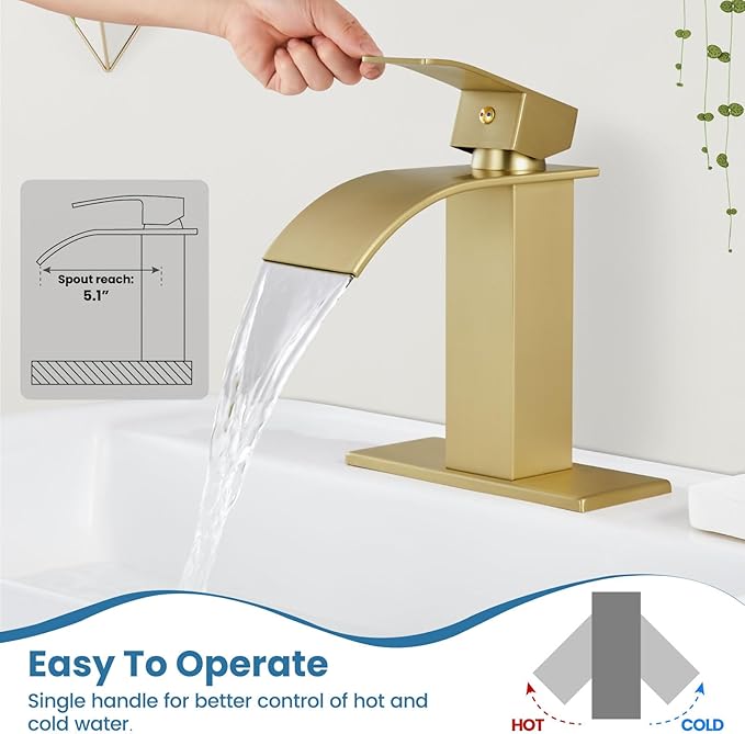 Airuida Brushed Gold Waterfall Spout Single Handle Bathroom Sink Faucet Single Hole Rv Lavatory Vanity Vessel Faucet Basin Mixer Tap with Deck Plate Supply Hoses 1 Hole or 3 Hole