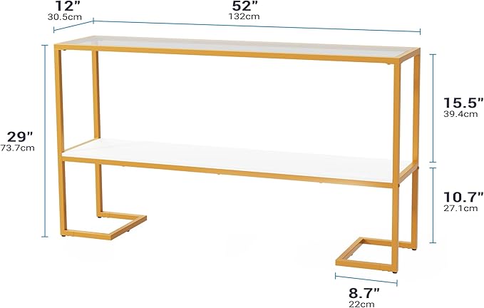 Furnify Console Sofa Table, 52" Modern Entryway Table, 2-Tier Open Shelf with Tempered Glass, Metal Frame Behind Couch Table with Gold Metal Frame for Living Room Hallway Entrance, White
