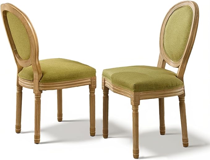 SoarFlash Linen French Dining Chairs Set of 2, Vantage Dining Chair with Round Back, Wood Leg Farmhouse Country Dining Chair for Kitchen,Bedroom,Olive Green