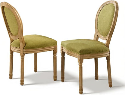 SoarFlash Linen French Dining Chairs Set of 2, Vantage Dining Chair with Round Back, Wood Leg Farmhouse Country Dining Chair for Kitchen,Bedroom,Olive Green