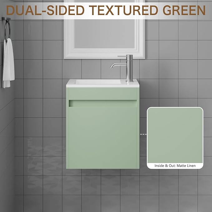 wonline 16" Small Floating Green Bathroom Vanity Sink Combo, Wall Mounted Narrow Single Cabinet with Resin Basin Sink Top, Water Saving Chrome Faucet & Pop-Up Drain
