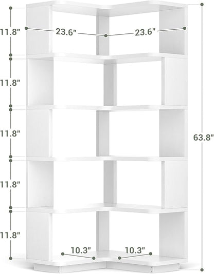 Armocity Corner Book Shelf - 6-Shelf Corner Bookshelf Etagere Bookcase with Baffle, Freestanding L Shaped Display Shelf Stand for Home Office, Living Room, Bedroom, Kitchen, White