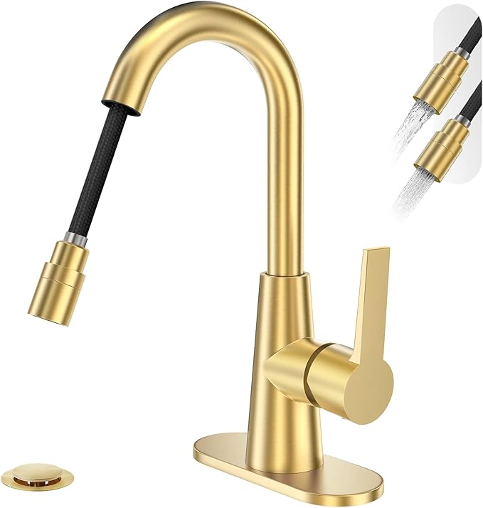 Phiestina Brushed Gold Tall Bathroom Sink Faucet with Pull Down Sprayer, High Arc Single Handle Pull Out Faucet with Pop-Up Drain, 1 or 3 Hole Laundry Bar Basin Faucet with Deck Plate,WE10CL-ZY-BG