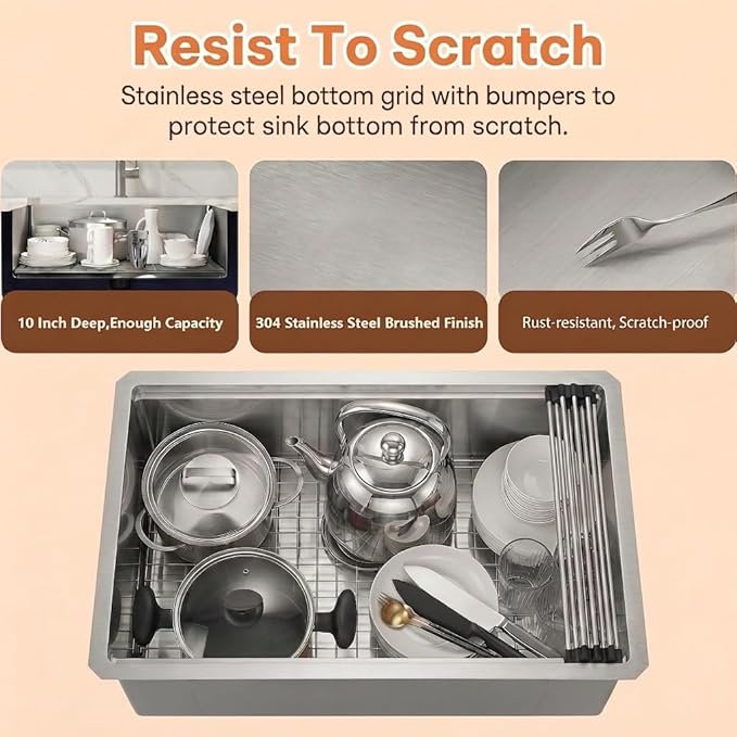Undermount Kitchen Sink,16 Gauge T-304S Stainless Steel Workstation Sinks with Accessories, 23" x 18" x 10" Deep Single Bowl Kitchen Sinks for Outdoor, RV, Wetbar and Bathroom