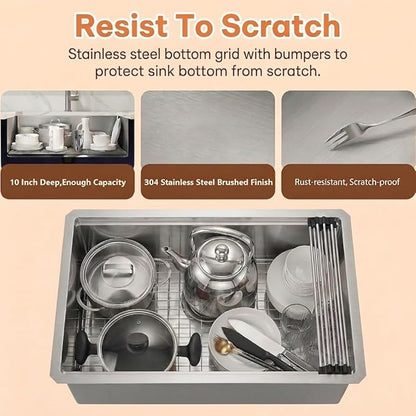 Undermount Kitchen Sink,16 Gauge T-304S Stainless Steel Workstation Sinks with Accessories, 23" x 18" x 10" Deep Single Bowl Kitchen Sinks for Outdoor, RV, Wetbar and Bathroom