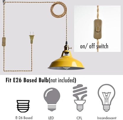 YUBOLE Nordic Hanging Pendant Light with Plug Metal Barn Hanging Light Fixture for Kitchen Bedroom Foyer, Yellow