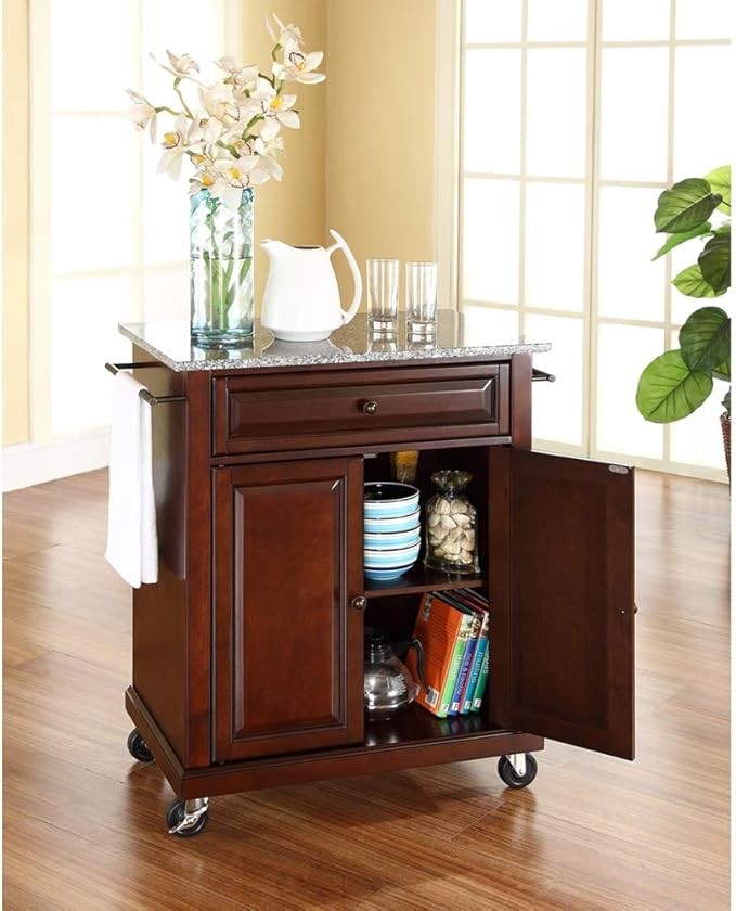 Crosley Furniture Compact Granite Top Small Rolling Cart with Shelves, Microwave Stand with Towel Rack, Black