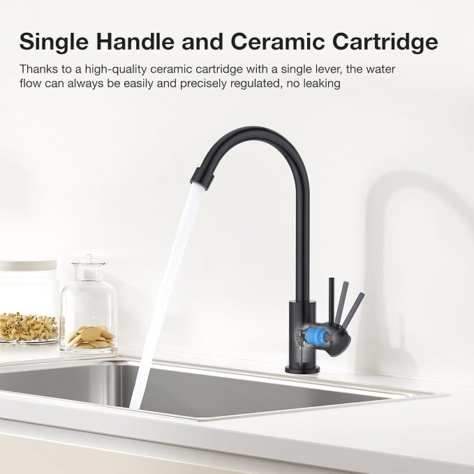 CREA Cold Water Only Matte Black Faucet for Kitchen Bar Outdoor Sink 1 Hole 3Holes(with Deck Plate)，High Arc 360°Swivle Single Handle Cold Water Tap 304 Stainless Steel