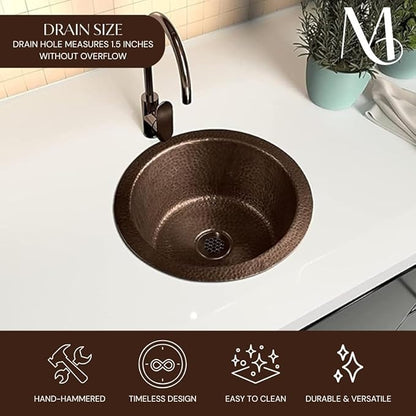 Monarch Abode Kitchen & Bar Sink – 12-inch Essex Dual Mount Drop in Bar Prep Sink, Hand Hammered Pure Copper Sinks, Drop in or Undermount Kitchen Sinks, Single Circular Dual Mount Bowl