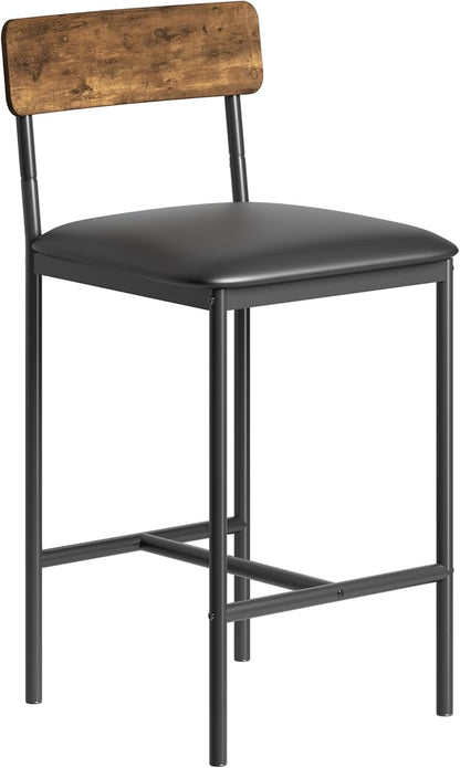 TrailBlaze Bar Stools Set of 2, 25.5'' Counter Height Upholstered Bar Chairs with Back & Footrest, Faux Leather, Thick Cushion - Black Metal Frame - Kitchen Island, Home Bar, Small Space