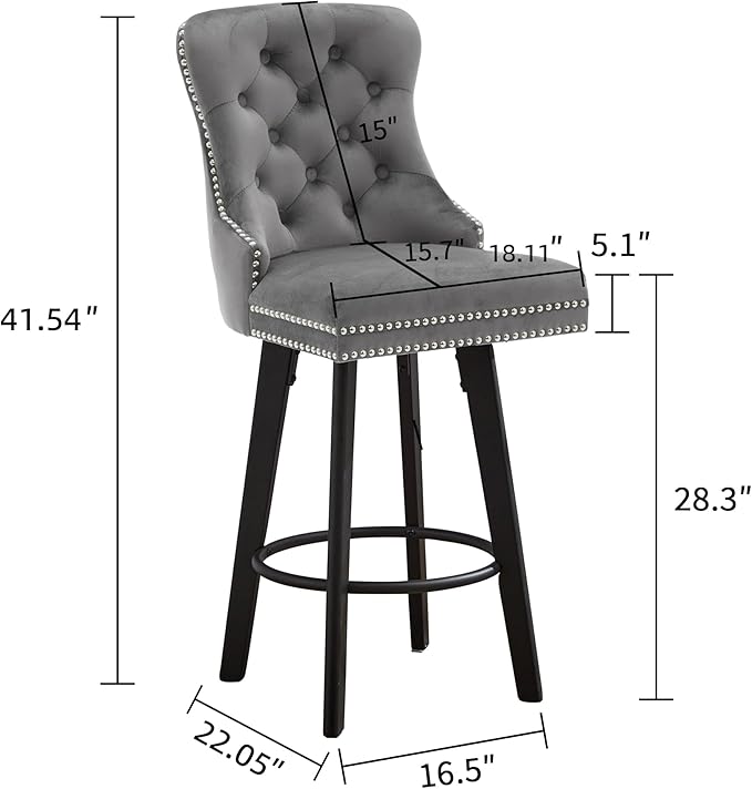 Swivel Bar Stools Velvet Bar stools Button Tufted Bar Stools Rivet Trim Bar Stools for Kitchen Island,Bistro, with Metal Pull Ring Sturdy Footrest Large Backrest for Home Bar,Dark Gray 2pcs