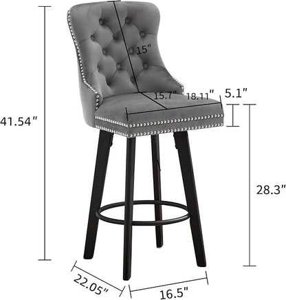 Swivel Bar Stools Velvet Bar stools Button Tufted Bar Stools Rivet Trim Bar Stools for Kitchen Island,Bistro, with Metal Pull Ring Sturdy Footrest Large Backrest for Home Bar,Dark Gray 2pcs
