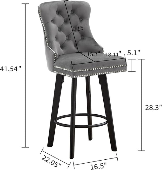 Swivel Bar Stools Velvet Bar stools Button Tufted Bar Stools Rivet Trim Bar Stools for Kitchen Island,Bistro, with Metal Pull Ring Sturdy Footrest Large Backrest for Home Bar,Dark Gray 2pcs