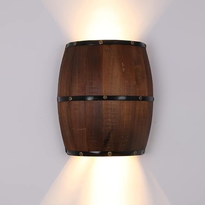 1PCS 11.81" Height Antique Wood Wine Barrel Wall Sconce Lighting Fixture Indoor Wall Lamps Rustic Farmhouse Style Wall Lighting Fixture for Bar, Bedroom, Corridors, Cafes
