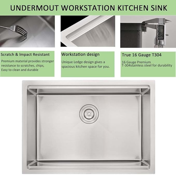 25 Undermount Kitchen Sink Workstation-Wesliv 25x19 Inch Stainless Steel Undermount Kitchen Sinks Workstation 16 Gauge Single Bowl Deep Sink with Cutting Board