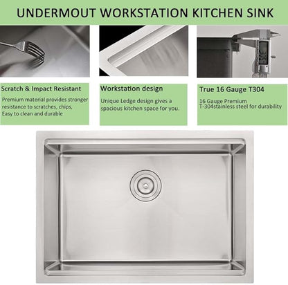25 Undermount Kitchen Sink Workstation-Wesliv 25x19 Inch Stainless Steel Undermount Kitchen Sinks Workstation 16 Gauge Single Bowl Deep Sink with Cutting Board