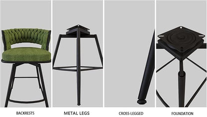 Modern Dining Chairs,Upholstered Linen Woven 360°Swivel Bar Island Chair & Black Footrest(Set of 2),Comfortable Curved Backrests Seat,Applicable to Kitchen,Living Room,Outdoor Lounge,Patio,Green