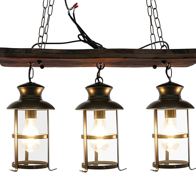 3 Lights Wood Vintage Chandelier, Industrial Farmhouse Island Light with Glass Lampshade, Height Adjustable Wooden Retro Chandelier Ceiling Hanging Light for Dining Room Cafe Bar Restaurant