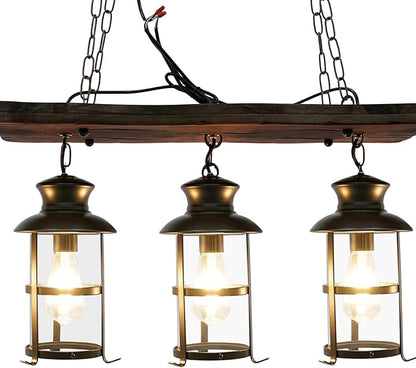 3 Lights Wood Vintage Chandelier, Industrial Farmhouse Island Light with Glass Lampshade, Height Adjustable Wooden Retro Chandelier Ceiling Hanging Light for Dining Room Cafe Bar Restaurant