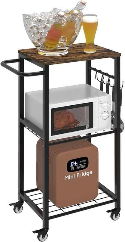 Kitchen Microwave Stand Cart with Storage Rack, 3-Tier Rolling Kitchen Side Table on Wheels with 8 Hooks, Utility Small Coffee Shelf Organizer for Living Room, Bedroom, Bathroom, Office, Black