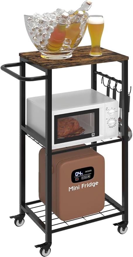 Kitchen Microwave Stand Cart with Storage Rack, 3-Tier Rolling Kitchen Side Table on Wheels with 8 Hooks, Utility Small Coffee Shelf Organizer for Living Room, Bedroom, Bathroom, Office, Black