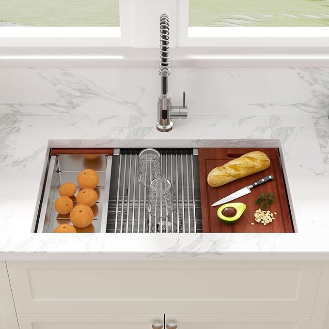 Sarlai 30 Kitchen Sink Stainless Steel - 30 Inch Kitchen Sink Undermount Ledge Workstation 16 Gauge Stainless Steel Single Bowl Rectangular Under Counter Kitchen Sinks with Accessories